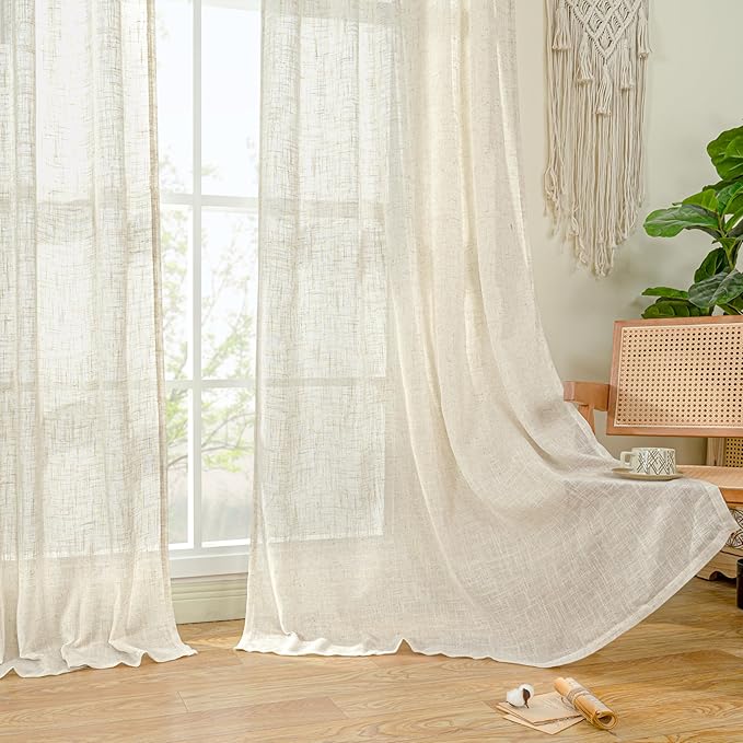 LAMIT Kitchen Semi Sheer Linen Curtains 24 Inch Long, Light Filtering Panels Back Tab and Rod Pocket Neutral Drapes for Cafe/Bathroom/Small Window, Natural, 2 Panels, 34 x 24 Inch