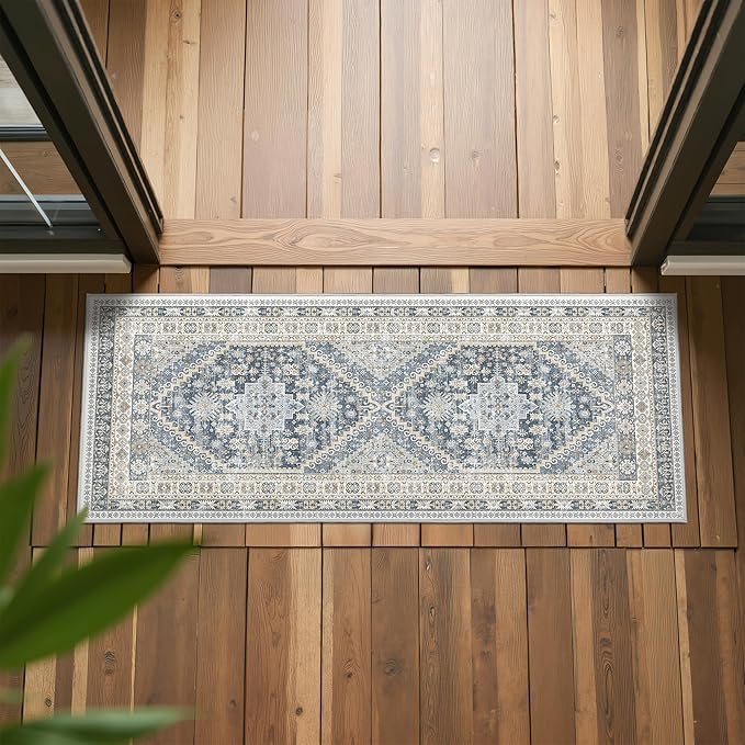 Runner Rug 2x6, Ultra-Thin Entryway Rug Non Slip Washable Rugs for Laundry Room, Runners for Hallways, Vintage Soft Rugs for Living Room, Kitchen, Bedroom(Blue/Beige,2'x6')