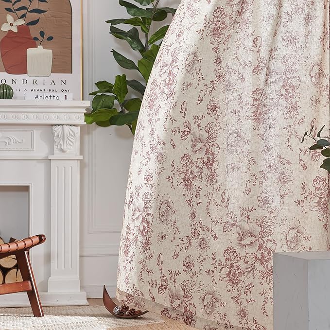jinchan Linen Blend Curtain Floral Curtains for Living Room 90 Inch Length Farmhouse Brick Red Printed Curtain Rod Pocket Back Tab Peony Flower Patterned Drapes Curtains Set 2 Panels