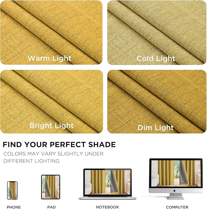 Joydeco Linen Blackout Curtains for Bedroom - 100% Light Blocking 1 Panels, Yellow Drapes 70" W x 90" L, Thermal Insulated Room Darkening Curtains for Living Room, Rod Pocket & Back Tabs