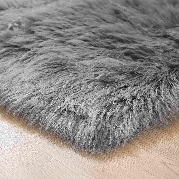 Goolela Grey Area Rug 8x10 Gray Fluffy Fuzzy Furry Rug for Living Room Bedroom Faux Sheepskin Fur Shaggy Rectangle