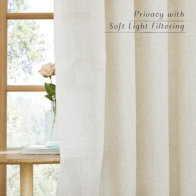 NICETOWN Linen Blend Sliding Door Curtains Extra Wide, Grommet Semi Sheer Vertical Drapes Privacy Added with Light Filtering for Bedroom/Living Room, Natural, W68 x L96, 2 Pieces