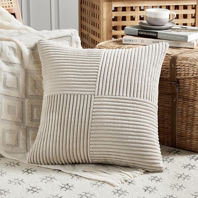 Fancy Homi 2 Packs Neutral Taupe Big Decorative Throw Pillow Covers 24x24 Inch for Couch Bed Sofa, Rustic Farmhouse Boho Home Decor, Soft Corss Corduroy Patchwork Accent Square Cushion Case 60x60 cm