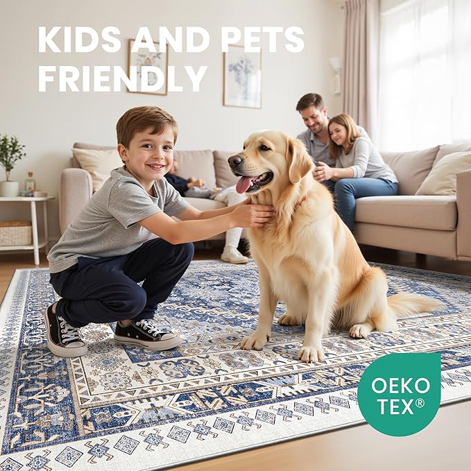 zesthome 3x5 Rug Ultra Soft Washable Rug, Non Slip Area Rug Indoor Entrance, Stain Resistant Rugs for Living Room Bedroom, Vintage Home Decor Area Rugs (Blue/Beige,3'x5')