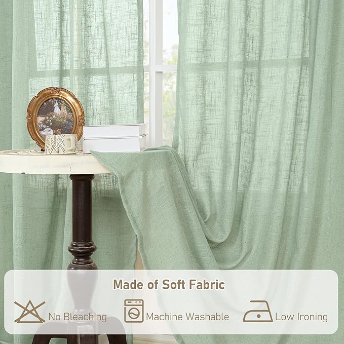 LAMIT 40 Inch Length Linen Curtains for Small Windows, Semi Sheer Light Filtering Panels Back Tab and Rod Pocket Neutral Drapes for Basement/Window/Loft Room, Fresh Green, 2 Panels, 34 x 40 Inch