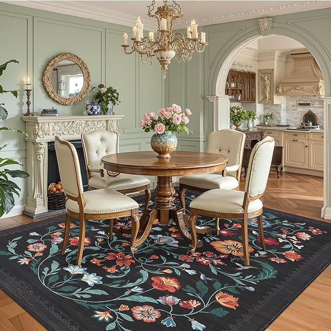 GarveeHome Washable Rug 8x10 Area Rugs for Living Room, Floral Rug for Bedroom, Soft Vintage Non Slip Throw Rugs with Rubber Back, Low Pile Stain Resistant Boho Floral Carpet for Dining Room, Black