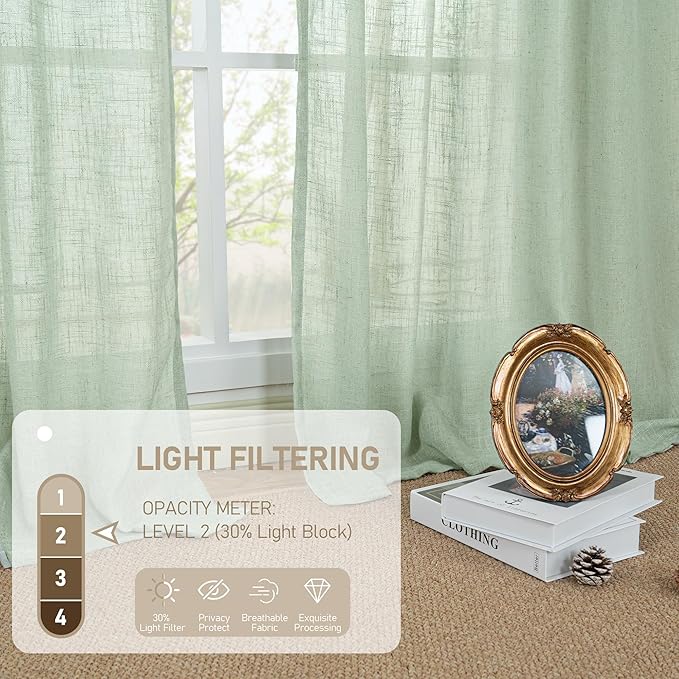 LAMIT Linen Curtains for Living Room 84 inch Length 2 Panels, Light Filtering Semi Sheer Panels Back Tab and Rod Pocket Farmhouse Drapes for Bedroom/Sliding Glass Door, Fresh Green, 52 x 84 Inch