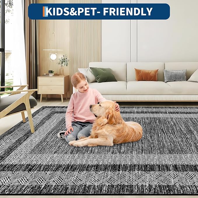 GarveeHome Washable Runner Rug 2x6 Modern Hallway Rug Non Slip Entryway Runner, Geometric Bordered Printed Carpets, Low Pile Thin Foldable Floor Mats, Soft Non Shedding for Kitchen Laundry, Black