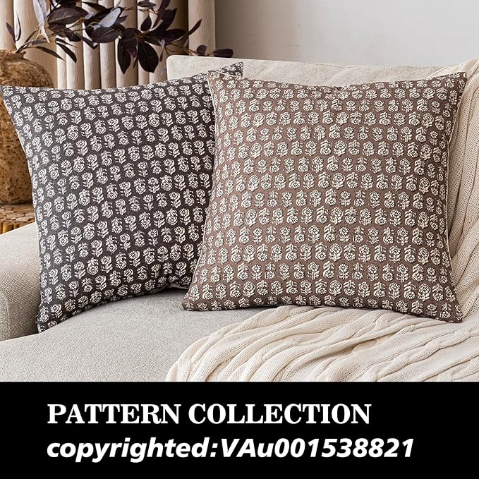 Foindtower Set of 2 Decorative Neutral Floral Print Throw Pillow Covers Vintage Accent Farmhouse Cushion Covers Boho Home Decor for Sofa Couch Chair Bedroom Living Room,24×24 Inch,Brown