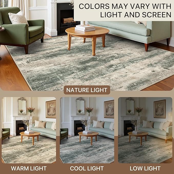 BEIMO Area Rugs 5x7 for Living Room Bedroom, Modern Abstract Machine Washable Rug, Large Soft Low Pile Floor Cover with Non Slip Backing for Dining Room, Grey/Dark Green