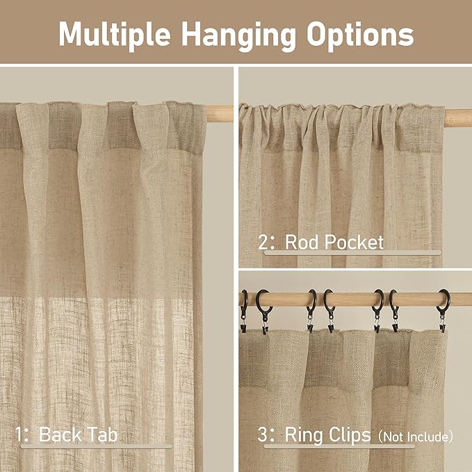 LAMIT 84 Inch Long Linen Curtains for Living Room 2 Panels Set, Light Filtering Semi Sheer Curtains Back Tab and Rod Pocket Neutral Panels for Bedroom, Brown, 60 x 84 Inch