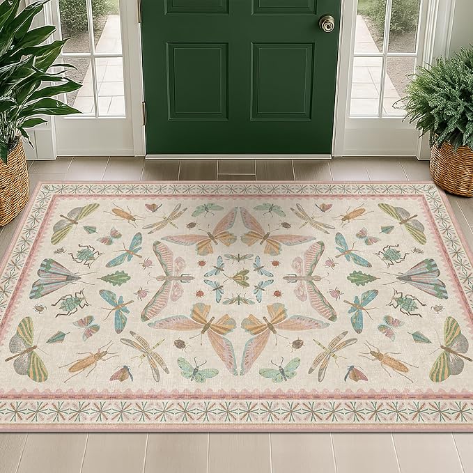 3x5 Flower Area Rug for Girls Bedroom - Washable Light Pink Large Entryway Rug for Laundry Room, Kitchen, Bedroom, Dorm, Insect Print Vintage Floral Non-Slip Throw Rug Low Pile Stain Resistance