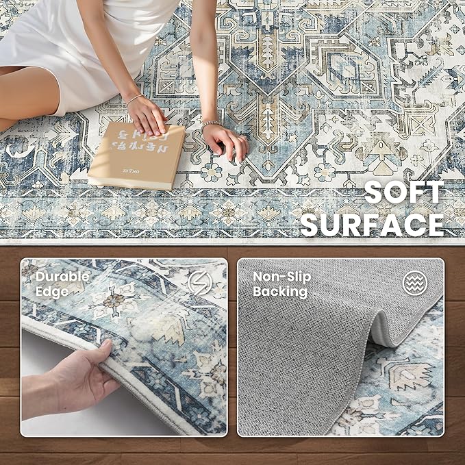 zesthome 9x12 Area Rugs-Washable Rug for Living Room, Non-Slip Backing Rugs, Stain Resistant 9x12 Rug for Bedroom, Ultra-Thin Low Pile Rugs, Vintage Large Home Decor