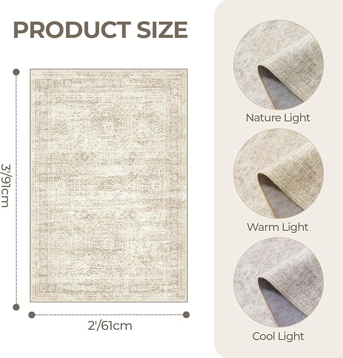 2x3 Washable Rug Runner for Bathroom, Soft Entryway Rug for Laundry Room, Kitchen, Vintage Abstract Hallway Runner for Bedroom, Anti-Slip Door Mat Indoor Entrance(2'x3', Beige/Ivory)