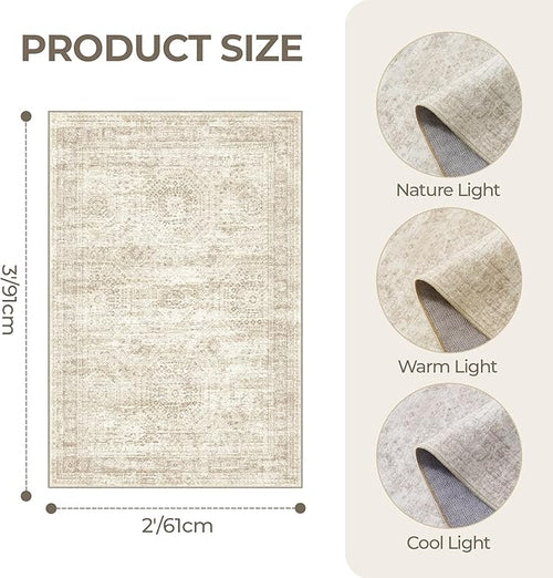 2x3 Washable Rug Runner for Bathroom, Soft Entryway Rug for Laundry Room, Kitchen, Vintage Abstract Hallway Runner for Bedroom, Anti-Slip Door Mat Indoor Entrance(2'x3', Beige/Ivory)