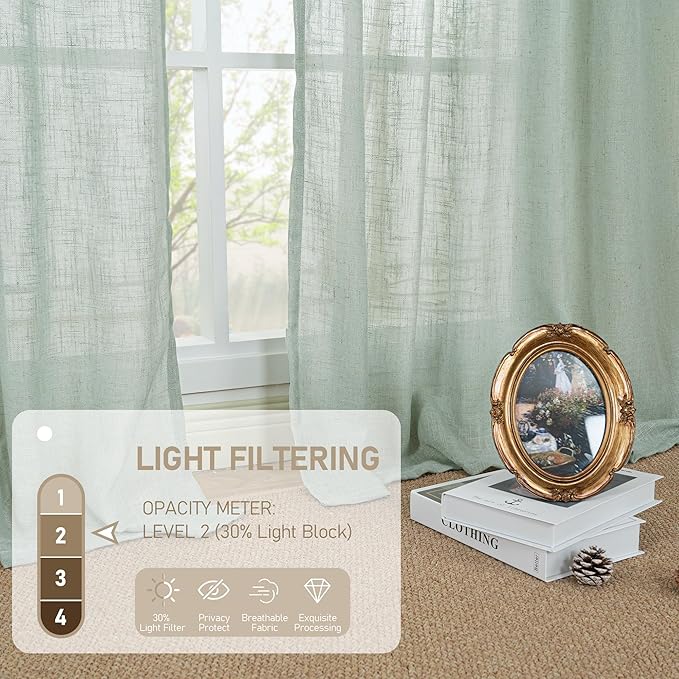 LAMIT Small Window Linen Curtains 45 Inch Length, Light Filtering Panels Back Tab and Rod Pocket Neutral Drapes for Cafe/Bathroom/Loft Room, Light Sage, 2 Panels, 34 x 45 Inch
