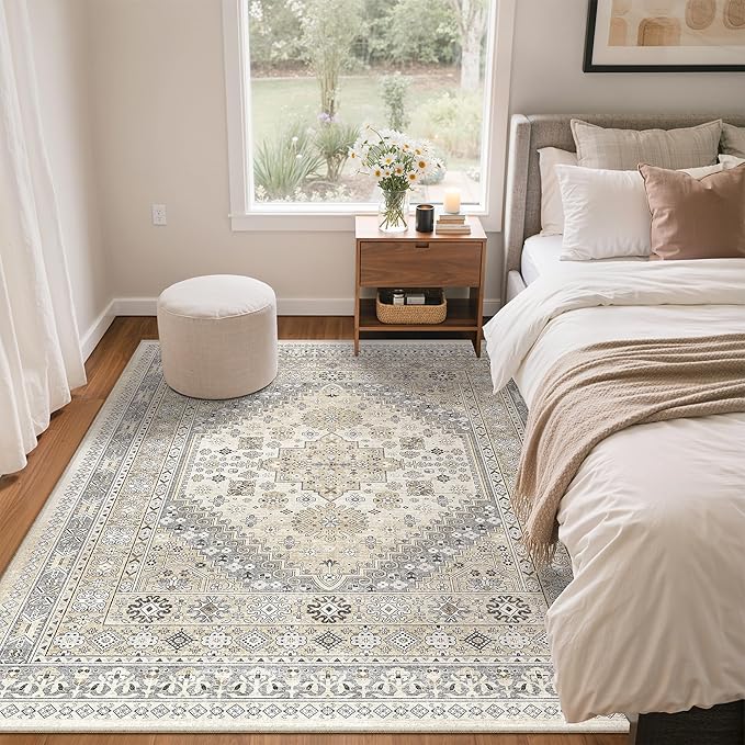 zesthome 4x6 Rug - Stain Resistant Washable Rug, Anti Slip Backing Rugs for Living Room, Foldable Vintage Small Area Rugs ((Beige,4'x6')