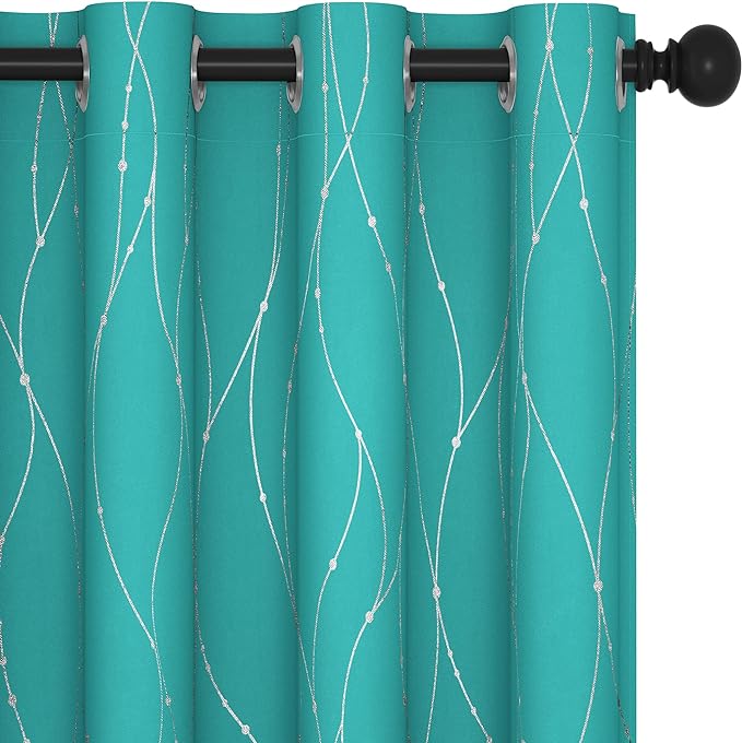 Deconovo Blackout Curtains, Thermal Insulated Soundproof Grommet Drapes, Wave Dots Silver Print, 52 x 54 Inch, Set of 2, Machine Washable Panels for Kitchen Bedroom Living Room Nursery, Turquoise