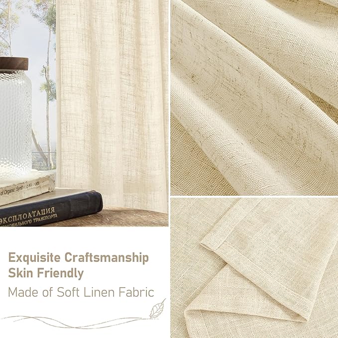 LAMIT Beige Linen Curtains for Living Room 84 inch Length, Light Filtering Semi Sheer Panels Back Tab and Rod Pocket Neutral Drapes for Bedroom, 2 Panels, 34 x 84 Inch