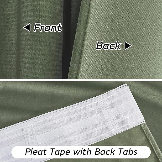 RYB HOME Sage Green Velvet Curtains 94 inches with Hook Belt, Soft Fabric Room Darkening Thermal Insulated Luxurious Home Decor Curtains for Living Room Bedroom, W 52" x L 94", 2 Panels Set