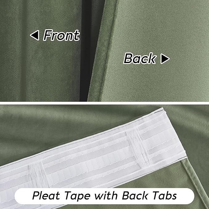 RYB HOME Sage Green Velvet Curtains 100 inches with Hook Belt, Soft Fabric Room Darkening Thermal Insulated Luxurious Home Decor Curtains for Living Room Bedroom, W 52" x L 100", 2 Panels Set