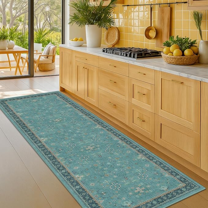 Hazo Haus Boho 2x7 Long Non Slip Kitchen Rug Runner - Teal Washable Rug for Bathroom, Hallway, Door Mats Indoor Entrance,Non Slip with Rubber Backing, Vintage Floral Indoor Décor