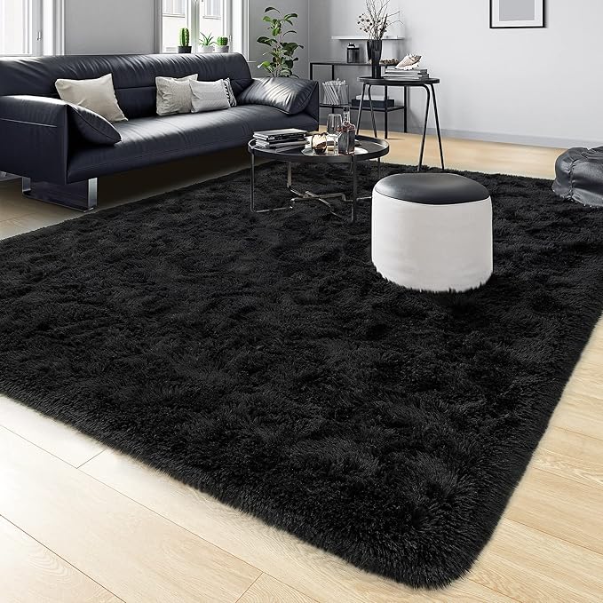 Tepook Super Soft Fluffy Rug for Bedroom, Modern Shaggy Fuzzy Kids Rugs for Living Room, Plush Indoor Nursery Home Decor Dorm Carpet with Non-Slip Bottom, Black, 3 X 5 Feet