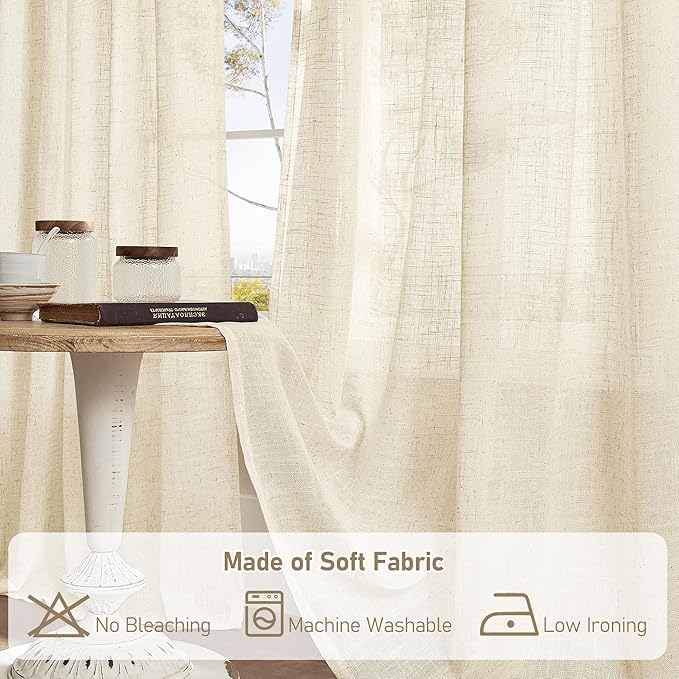 LAMIT Semi Sheer Beige Linen Curtains 63 inch, Light Filtering Panels Back Tab and Rod Pocket Neutral Drapes for Bedroom/Living Room, Beige, 2 Panels, 34 x 63 Inch