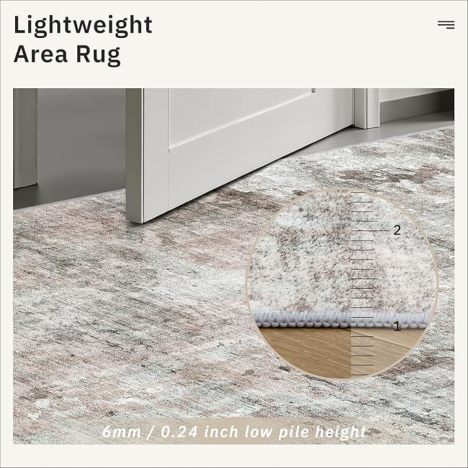 Soalmost 9x12 Area Rugs for Living Room, Non Slip Machine Washable Vintage Rugs, Low Pile Lightweight Large Rug for Bedroom, Dining Room, Home Office Grey Pink