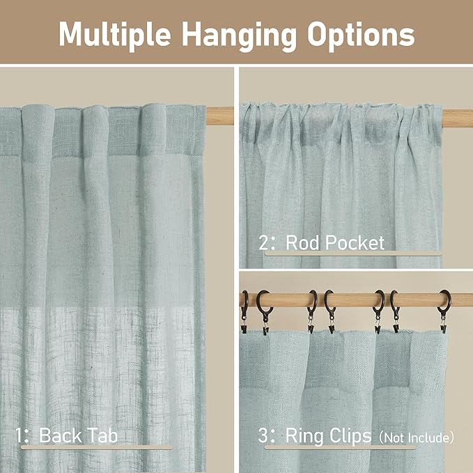 LAMIT Greyish Blue Linen Short Curtains 30 Inch Length, Semi Sheer Light Filtering Window Panels Back Tab and Rod Pocket Drapes for Basement/Small Windows, 25 x 30 Inch, 2 Panels