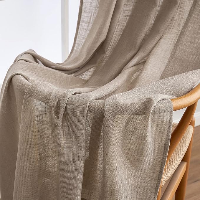 MIULEE Taupe Short Linen Curtains 45 Inch Length 2 Panels for Kitchen Bedroom Bathroom, Soft Thick Linen Textured Basement Window Drapes Semi Sheer Light Filtering Back Tab Burlap Look Decor