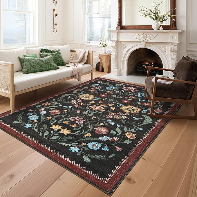 GarveeHome Washable Rug 3x5 Area Rugs for Living Room, Floral Rug for Bedroom, Soft Boho Non Slip Throw Rugs with Rubber Back, Low Pile Stain Resistant Vintage Floral Carpet for Dining Room, Red