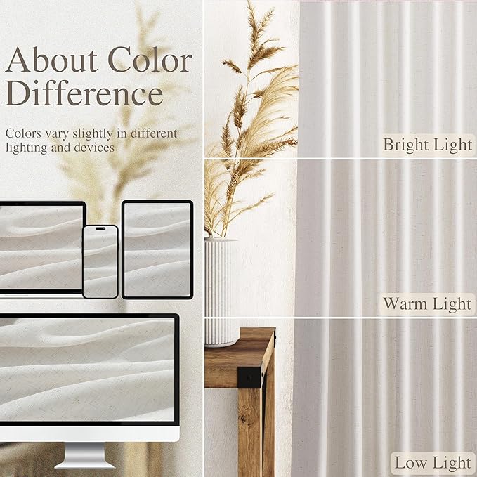 Nanspring Natural Linen Curtains 90 Inches Long for Living Room Country Semi Sheer Light Filtering Curtains Farmhouse Decor Boho Curtain for Bedroom Back Tab and Rod Pocket 52x90, 2 Panels