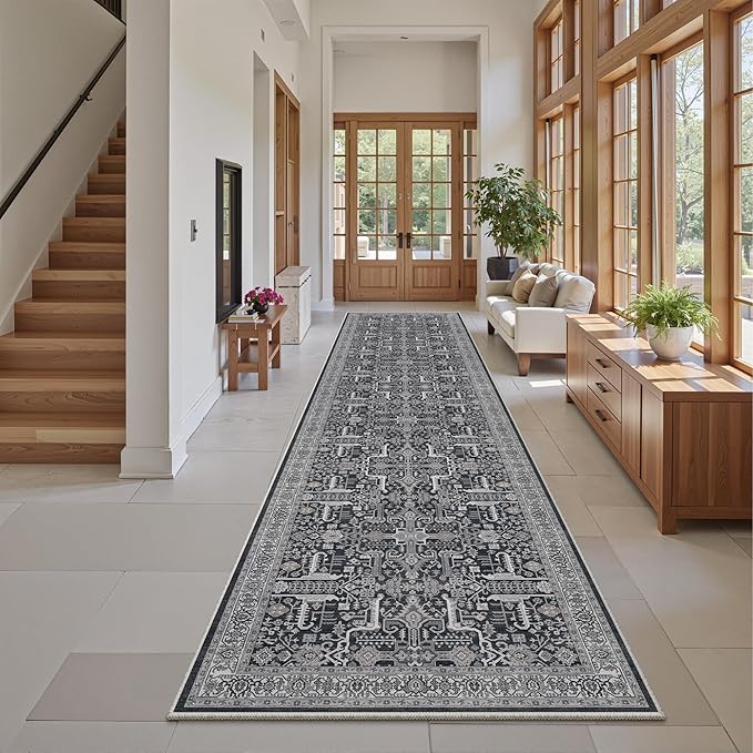 Hallway Washable Runner Rug 2x12 - Non Slip Vintage Kitchen Runner Rugs for Entryway Low-Pile Waterproof Long Runners for Living Room Bedroom Medallion Indoor Floor Mat for Bathroom Laundry Black