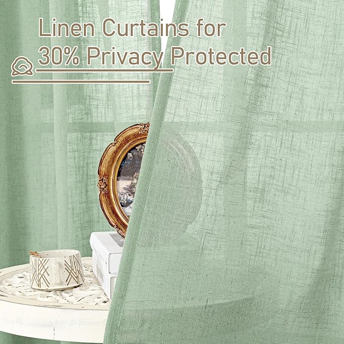 LAMIT Linen Curtains for Living Room 84 inch Length 2 Panels, Light Filtering Semi Sheer Panels Back Tab and Rod Pocket Farmhouse Drapes for Bedroom/Sliding Glass Door, Fresh Green, 52 x 84 Inch