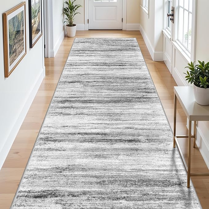 Large Runner Rugs for Hallway 4x18: Non-Slip Washable Wide Carpet - Soft Low-Pile Stain and Spill Resistant Rug for Entryway Living Room Dining Room Balcony Garage Office Grey