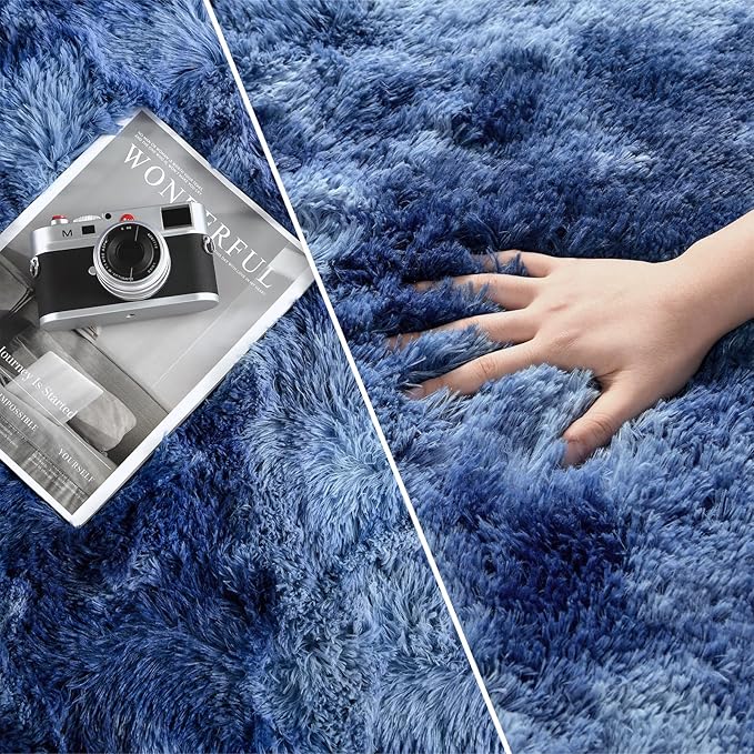 Deerhoo Large Shag Area Rugs 5 x 8, Plush Fuzzy Rugs for Living Room, Ultra Soft Fluffy Furry Rug for Bedroom, Indoor Carpet Nursery Rugs for Kids Room Home Decor, Tie-Dyed Navy Blue