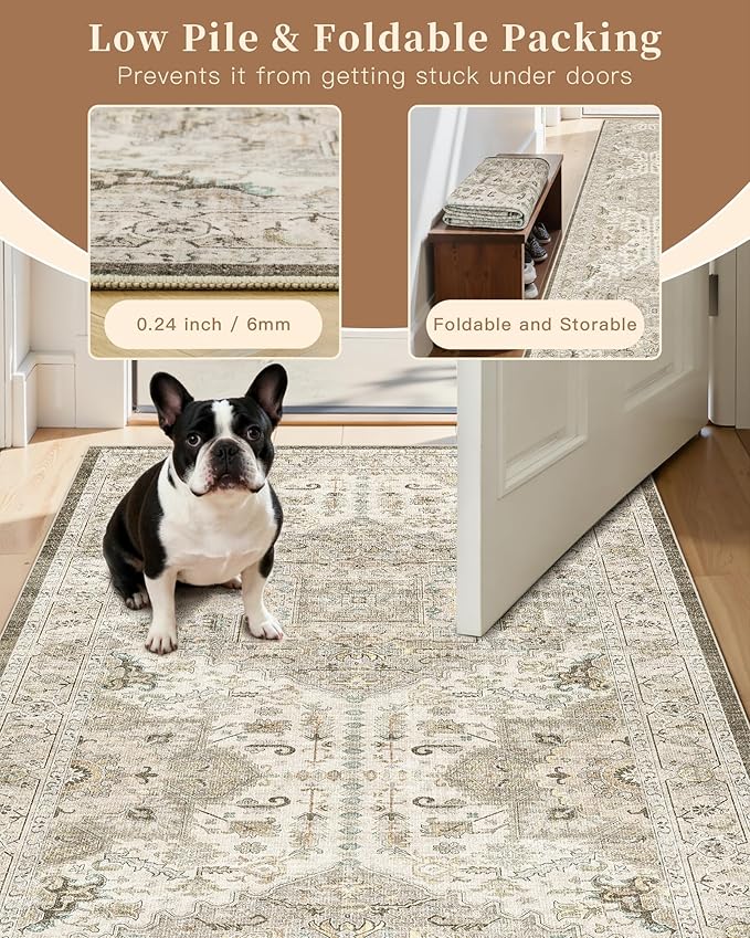 Madane Hallway Runner Rug 2'6''x10' Kitchen Runner, Non Slip Vintage Runners for Hallways Washable Kitchen Rugs Soft Low Pile 2.5x10 ft Rug Runner for Laundry Room, Entryway and Bedroom, Ivory/Brown