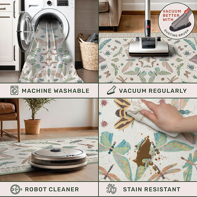 Hazo Haus Green and Blue Nursery Rug 5x8 - Washable Soft Area Rugs for Bedroom Under Bed, Living Room, Vintage Floral Butterfly Fun Indoor Floor Decor