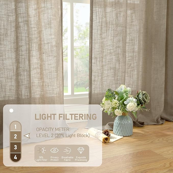 LAMIT Taupe Sheer Linen Curtains, 102 inch Light Filtering Semi Sheer Panels Back Tab and Rod Pocket Farmhouse Rust Drapes for Bedroom/Living Room, 2 Panels, 52 x 102 Inch