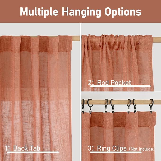 LAMIT 60 Inch Length Window Linen Curtains, Light Filtering Panels Back Tab and Rod Pocket Neutral Drapes for Bedroom/Living Room, Terracotta, 2 Panels, 34 x 60 Inch