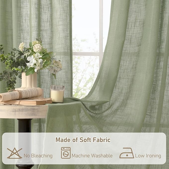 LAMIT Short Window Linen Curtains 36 Inch Length 2 Panels, Sage Green Light Filtering Panels Back Tab and Rod Pocket Neutral Drapes for Bathroom/Loft Room, 34 x 36 Inch