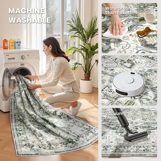zesthome 8x10 Area Rugs-Washable Rug for Living Room, Non-Slip Backing Rugs, Stain Resistant 8x10 Rug for Bedroom, Ultra-Thin Low Pile Rugs, Vintage Large Home Decor