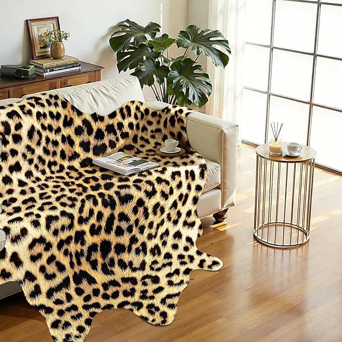 AROGAN Western Decor Faux Fur Leopard Rug, 6.2 x 7 Feet Premium Animal Skin Leopard Hide Rug, Sturdy Cheetah Print Rugs for Wall Decor, Western Floor Carpet for Bedroom Living Room, Black and Gold