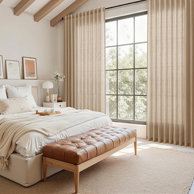 Sand Beige Linen 112 Inch Curtains for Living Room Simple Modern Light Filtering Semi Sheer Curtain Back Tab Rustic Luxury Home Decor Drapes Floor to Ceiling High Window for Bedroom 52x112, 2 Panels