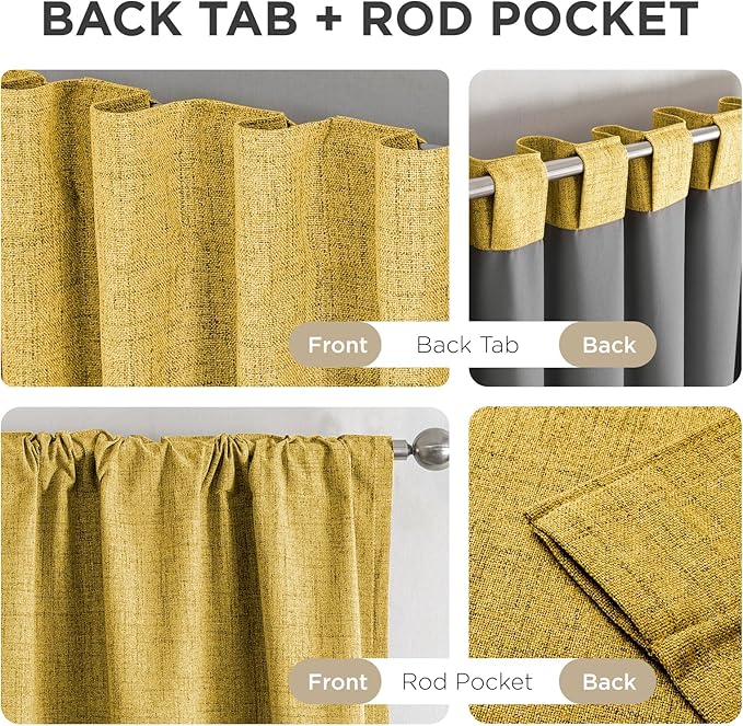 Joydeco Blackout Curtains for Bedroom - 100% Light Blocking 2 Panels Set Yellow Drapes 42" W x 84" L, Thermal Insulated Room Darkening Curtains, Linen Textured for Living Room, Rod Pocket & Back Tabs