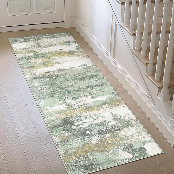 Runner Rug for Hallway Kitchen, 2'6"x6' Machine Washable Runners Rug for Entryway, Soft Modern Abstract Throw Rugs, Low Pile Floor Cover with Non Slip Backing, Light Green