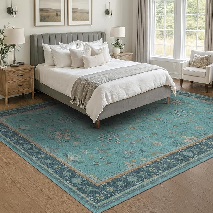 Washable 5x8 Teal Rug for Living Room, Boho Area Rugs for Bedroom Under Bed, Modern Floral Low-Pile Non Skid Carpet for Dining Room Under Table, Stain Resistant Vintage Home Décor
