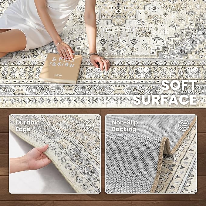 zesthome 8x10 Area Rugs for Living Room,Non-Slip Backing Washable Rugs,Vintage Large Area Rug，Stain Resistant Home Decor Rug (Beige,8'x10')