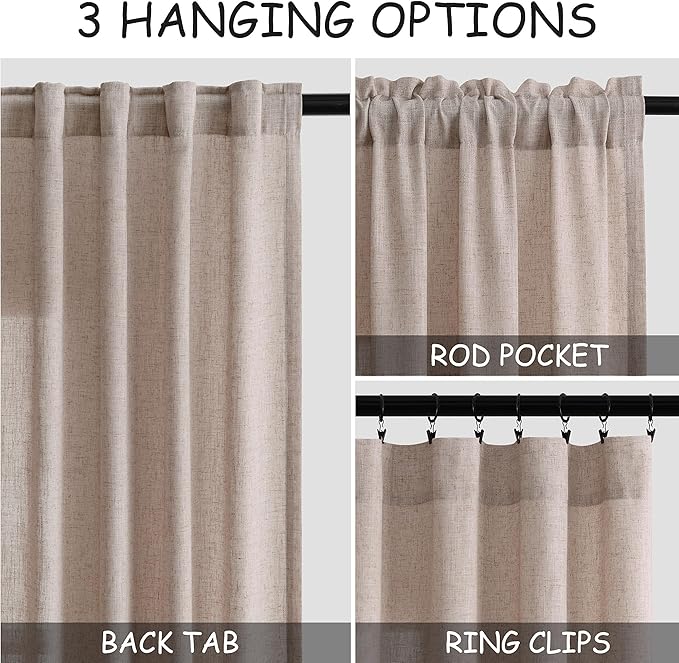 Nanspring Oatmeal Semi Sheer Curtains 72 Inches Long 2 Panels Set for Bedroom Back Tab Rod Pocket Light Filtering Privacy Drapes Cotton Linen Textured Farmhouse Living Room Curtain 52X72 Inches